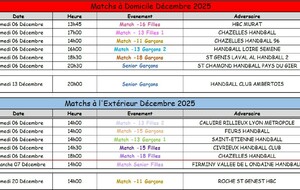 Matchs du mois de Décembre