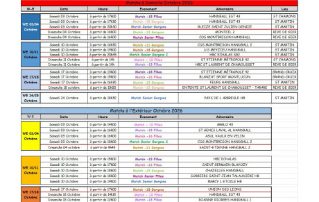 Matchs du mois d'Octobre